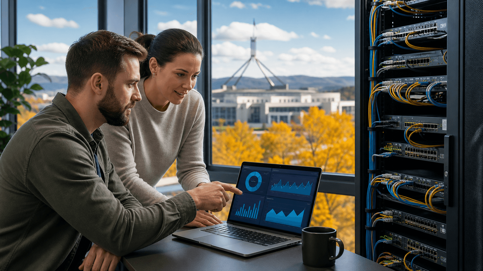 Glowing network lines overlay Canberra’s autumn skyline, framed by orange leaves and cool blue evening light.
