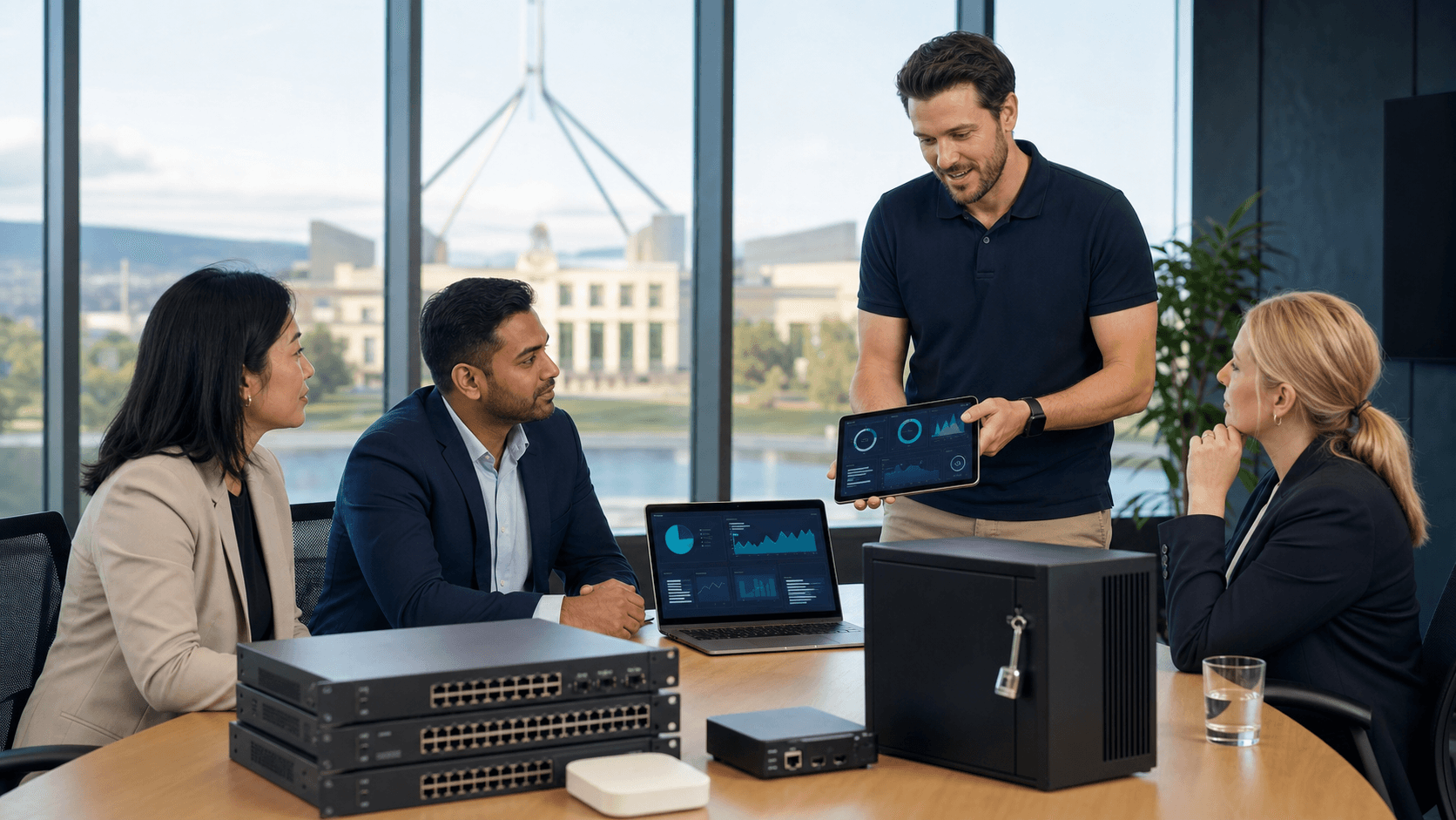 Blue-toned cybersecurity scene with a laptop, glowing shield icon, and Canberra skyline silhouette in the background.