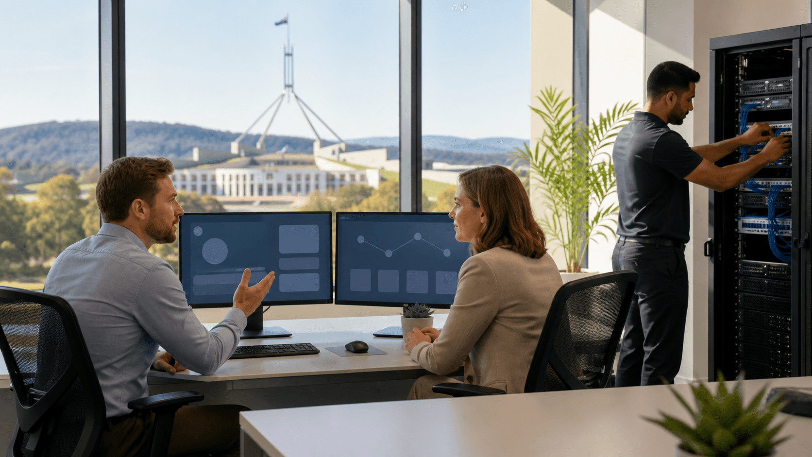 Canberra skyline beside a laptop and glowing network icons in blue and green tones